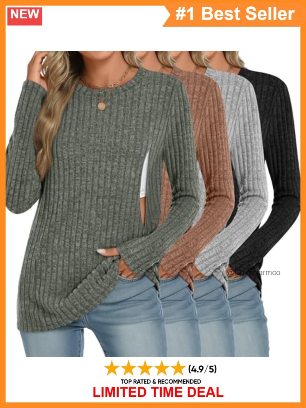 4 Pack Maternity Nursing Ribbed Long Sleeve Tops Hidden Side Zippers